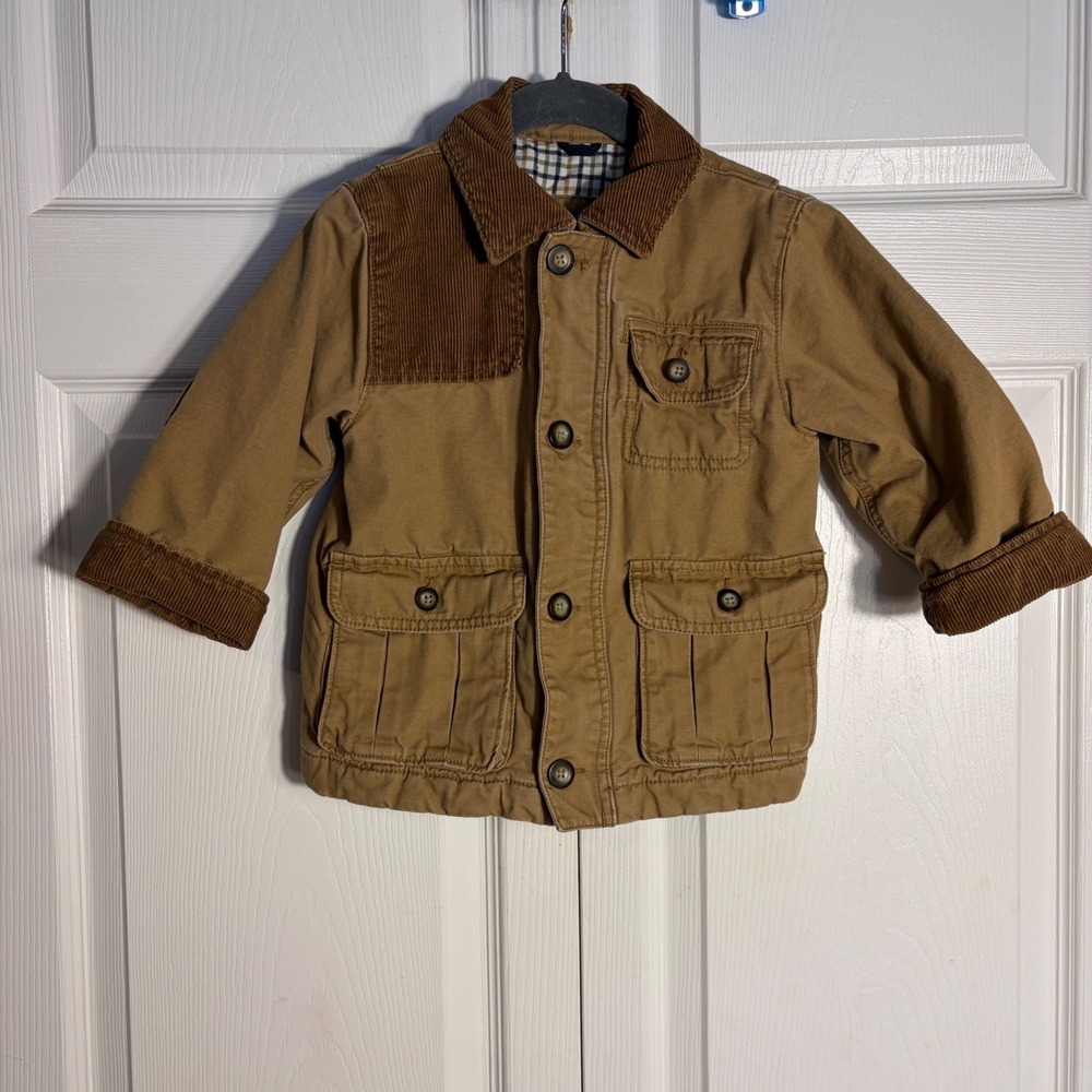 BabyGap Toddler Boys Tan Canvas Barn Coat Corduroy Patch Plaid Lining 2T Jacket